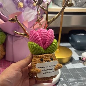 Pink and Green Crochet Flower Keychain